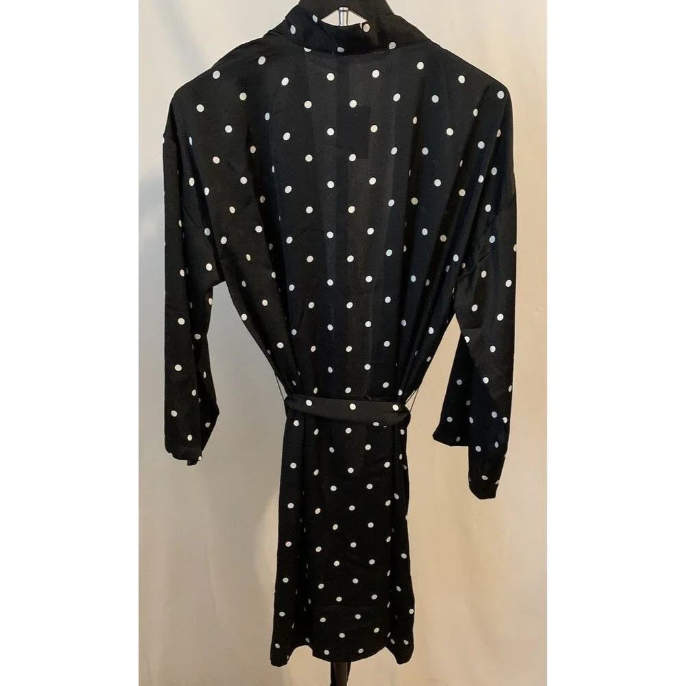 J Crew Size L XL Robe Black And White Polka Dot Belted 3/4 Length Sleeves NWT